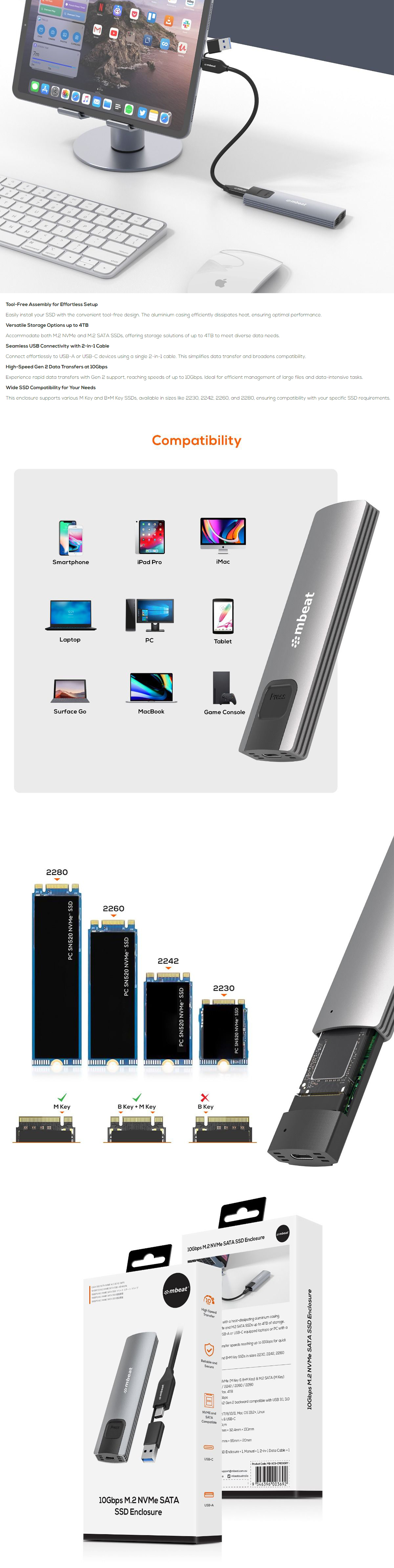 A large marketing image providing additional information about the product mBeat 10Gbps M.2 NVMe SATA and SSD Enclosure - Grey - Additional alt info not provided